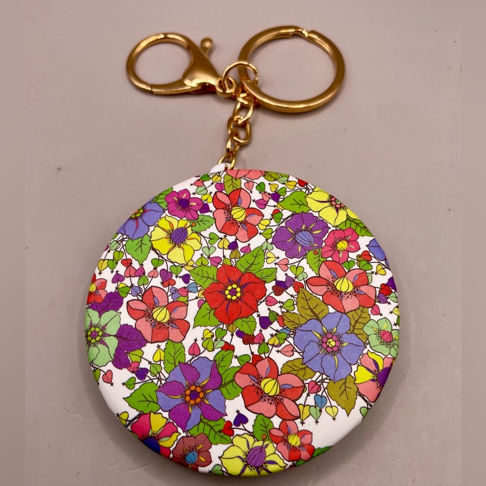 Colorful floral compact mirror keychain. Keyring purse bag backpack charm